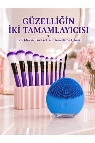 12 Li Mor Makyaj Fırça Seti Ve Silikon Yüz Temizleme Cihazı İkili