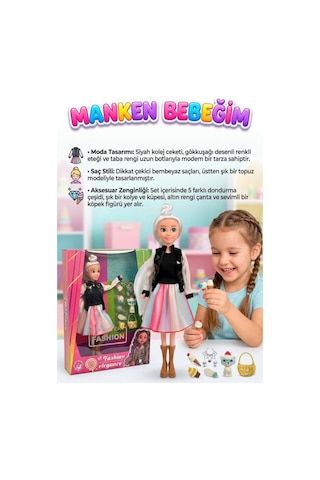 Kolej Ceketli Manken Bebek Seti - Gökkuşağı Eteklli Dondurma Aksesuarlı Ve Evcil Hayvanlı Oyuncak Moda Bebeği