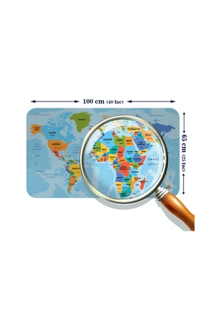 Türkçe Eğitici Ülke Ve Başkent Detaylı Atlası Dünya Haritası Duvar Sticker -60x105-3831 Çok Renkli