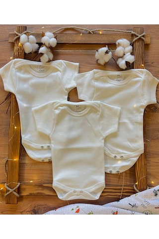 3lü Ekru Renk Organik Pamuk Çıtçıtlı Bebek Body Zıbın Ekru