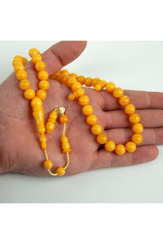 Sıkma Kehribar Çubuk Küre Kesim 9.5mm Tesbih - Sarı Sarı