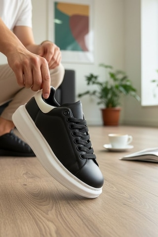 Enoch Erkek Yüksek Taban Sneaker Oversize Kalın Tabanlı Ve Mat Deri Görünümlü Günlük Model Siyah - Beyaz