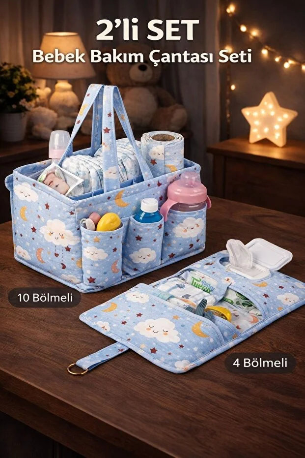Anne Bebek Bakım Çantası Organizeri I Taşınabilir Bakım Çantası 2 Li Set Mavi