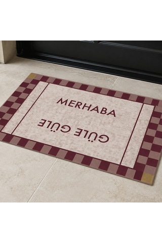 Kartela Halı Merhaba Güle Güle Damalı Kapı Paspası Bordo Kaymaz Kauçuk Taban Yıkanabilir 60x90 Cm