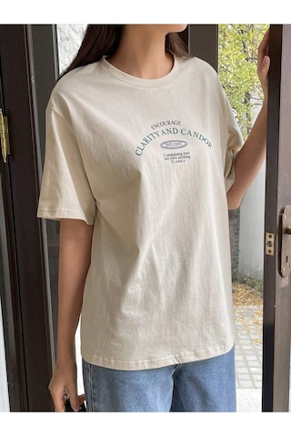 Uyguntarz Unisex Clarıty And Candor Baskılı Tasarım Tshirt Bej