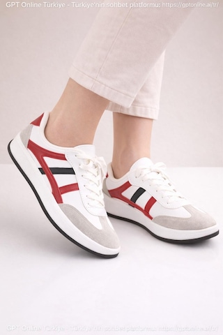 Unisex Günlük Spor Ayakkabı Bağcıklı Şerit Detaylı Sneaker Beyaz - Kırmızı