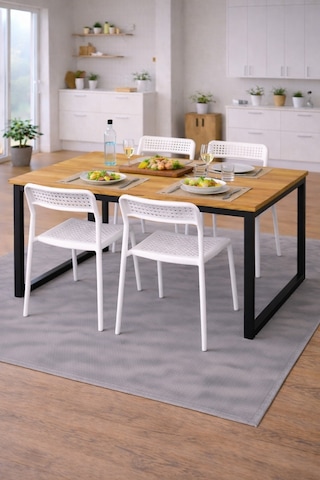 5'li Mutfak Masa Takımı, 4 Sandalye Ve 1 Masa, Yemek Odası, Bahçe Takımı, 4 Kişilik, Metal Ayaklı Masa: Çam/siyah- Sandalye: Beyaz