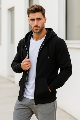 Rich Erkek Siyah Kapüşonlu Kanguru Cepli Fermuarlı Sweatshirt Siyah