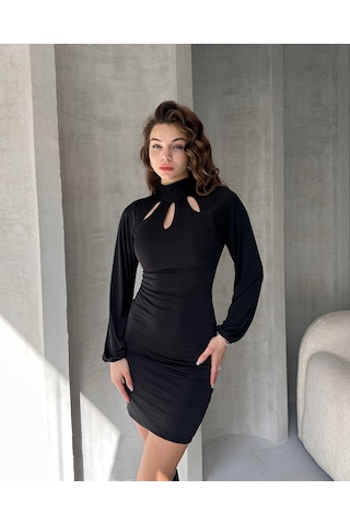 Nido Moda Öpücük Yaka Mini Elbise - Siyah - 9026715832171