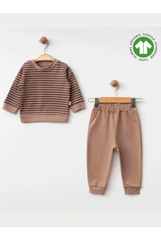 Zekids Erkek Bebek Çizgili Organik Eşofman Takım-15482 Kahverengi