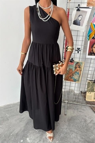 Tek Omuzlu Pile Detay Maxi Elbise 2895 S