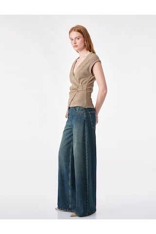 Koton Slim Fit Bürümcük Kumaş Dokulu Metal Aksesuarlı Kruvaze Kolsuz Bluz Deve Tüyü 7wak10057ek Taba