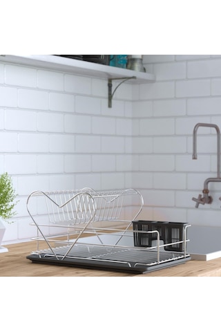 Teknotel İki Katlı Kalpli Tabaklık Bulaşıklık Krom+Siyah Kb011 Siyah