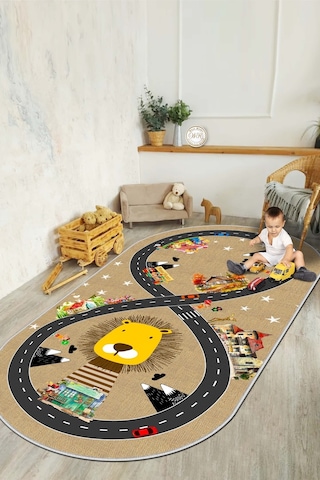 West Home Makinede Yıkanabilir Kaymaz Taban Leke Tutmaz Yol Desenli Çocuk Odası Halısı Oyun Halısı