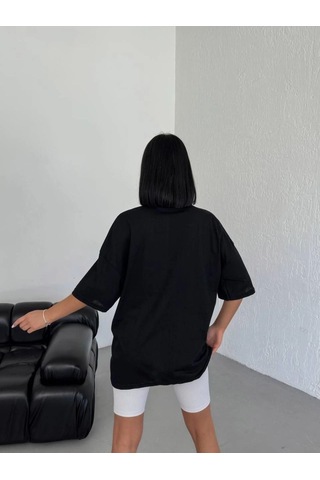 Vinevesta Kadın Baskılı T-shirt Kısa Kol Bisiklet Yaka Oversize Tişört - Siyah Çok Renkli