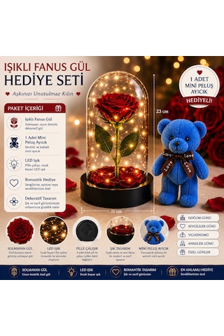 Led Işıklı Mika Fanus Solmayan Yapay Kırmızı Gül & 1 Mini Peluş Ayıcık Sevgiliye Romantik Hediye Set Hediyelik Eşya