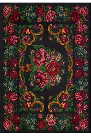 Çam Halı Gloria Td732 Siyah Karabağ Desen Dokuma Saçaklı Kilim