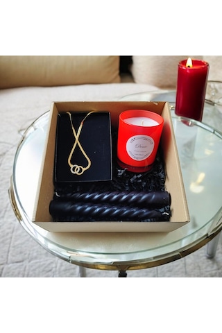 Denic Hediye Seti Kokulu Kırmızı Bardak Mum Halka Kolye Burgulu Mum