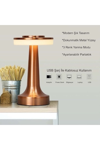 Retro Şarjlı Dekoratif Dokunmatik Metal Masa Lambası 3 Renk Mod Dim Edilebilir Bej