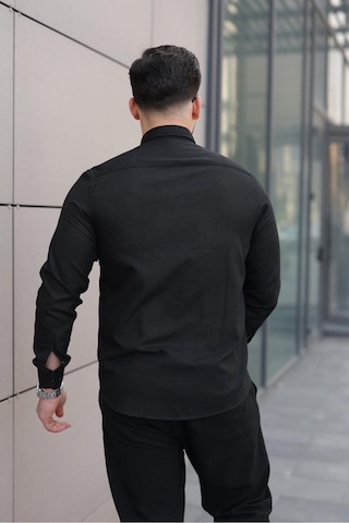 Baselco Premum Dik Yakalı Slim Fit Keten Görünümlü Gömlek Siyah