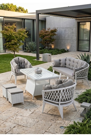 Liatris Serisi 1. Sınıf 3+1+1+2 Puf Beyaz Rattan Gri Minder Bahçe Balkon Oturma Koltuk Takımı