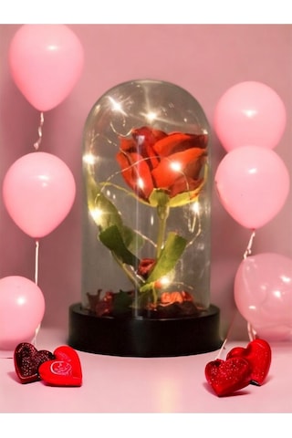 Fanusta Led Işıklı Kırmızı Yapay Gül Sevgiliye Özel Dekoratif Hed