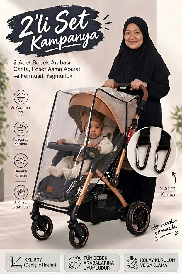 Lüks Fermuarlı Bebek Arabası Yağmurluğu 2 Adet Bebek Arabası Kancası 2 Ürün Bir Arada Şeffaf