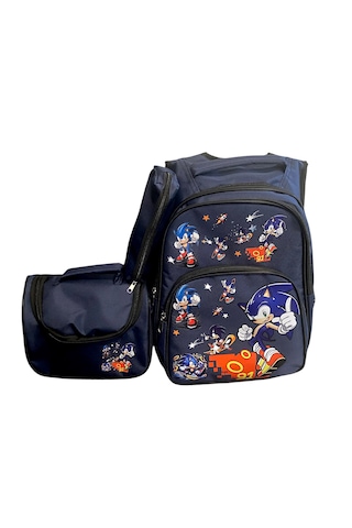 Sonic Desenli Lacivert 3 Lü Erkek Çocuk İlkokul Okul Çantası + Termal Beslenme Çantası + Kalemlik