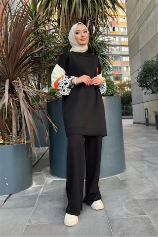 De Pose Balon Kol Kadın Triko Takım siyah