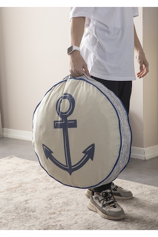 Çapa Desenli Taşınabilir Yuvarlak Dekoratif Yer Minderi Puf 60x60