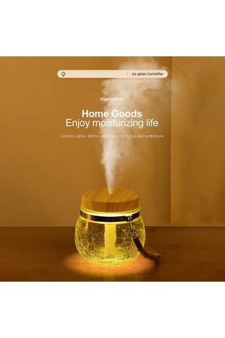Leezsing Ev Masaüstü Buz Çiçekli Cam Usb Nemlendirici, 7 Renkli Led Işık, Sessiz Nano Sprey Teknolojisi, 400ml Kapasite