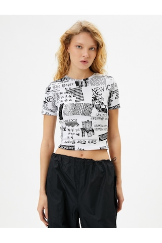 Koton Baskılı Crop Tişört Slim Fit Kısa Kollu Bisiklet Yaka Pamuklu Siyah Desenli 4sal10011ık 4SAL10011IK9D9 Siyah