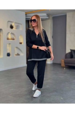 Defymoda Kadın Uzun Kollu Ribana Ve Fermuar Detay Bluz Ve Yüksel Bel Pantolon 2li Takım Siyah