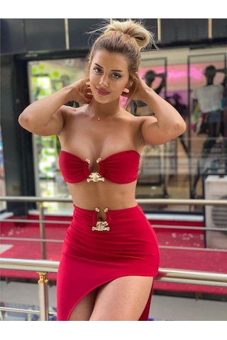 Pink Life Kırmızı Tokalı Etekli İkili Takım Kırmızı