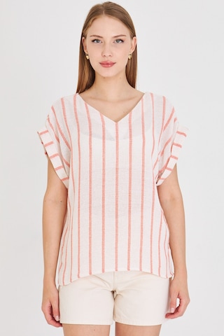 Armonika Kadın Turuncu V Yaka Yanları Yırtmaçlı Arkası Uzun Duble Kol Detaylı Oversize Bluz Arm-25y001056