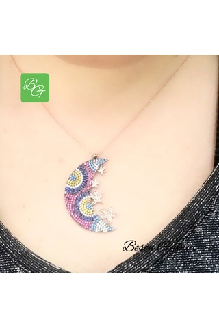 Renkli Zirkon Taşlı Ay Yıldızlar Kolye Rose - Gold - Gümüş