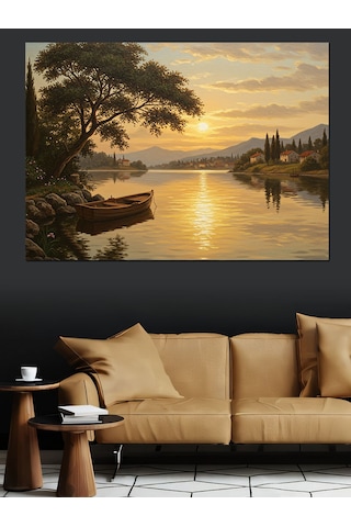 Sakin Göl Gün Batımı Dekoratif Kanvas - Mdf Ahşap Tablo