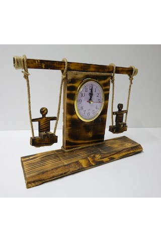 Dekoratif Ahşap Salıncaklı Masa Saati El Yapımı Tasarım Açık Kahverengi