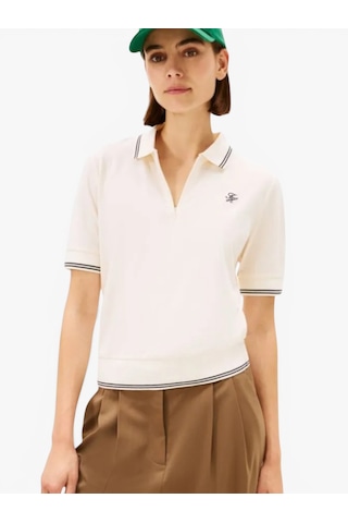 Tommy Hilfiger Th Scrıpt Lyocell Zıp Ss Polo Kadın Bej T-shirt - Ww0ww47853