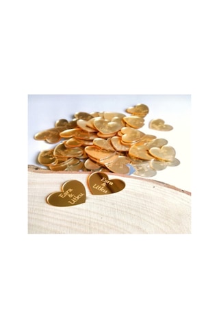 Lazer Kesim Pleksi Kalp Çikolata Üstü Yazıları Yapışkanlı Damat Kahvesi Gold Renk Kalp 30 Adet Altın