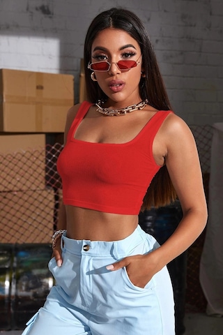 Kapsulavm Kadın Kırmızı Kalın Askılı Crop Top Büstiyer
