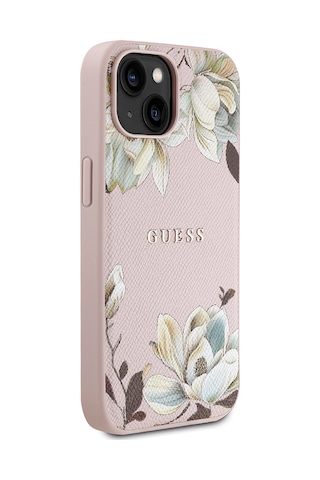 Apple Uyumlu iPhone 15 Kılıf Guess Lisanslı M-safe Özellikli Taneli Çiçek Tasarımlı Metal Yazı Logolu Kapak Pembe