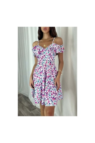 DefyModa Kadın Minimal Esnek Krep Kumaş Kruvaze Yaka Volanlı Abiye Elbise Beyaz