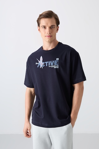 Tommy Life Lacivert Pamuklu Kalın Yumuşak Dokulu Oversize Fit Baskılı Erkek T-shirt - 88344 001