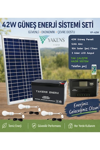 42w Hazır Solar Paketi Güneş Paneli Enerji Sistem 12ah Akü + 10a Şarj Kontrol Cihazı + 3 Led Ampul Hazır Solar Paket