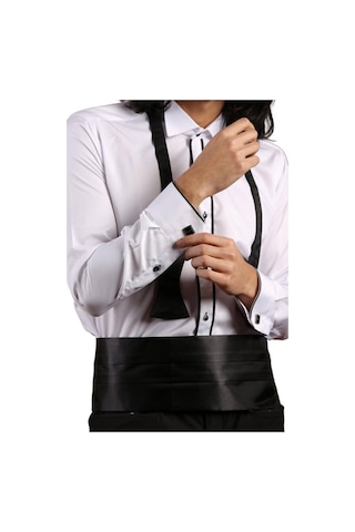 Dicotto Beyaz Siyah Çift Bieli Damatlık Ata Yaka Kol Düğmeli Slim Fit Smokin Gömlek - 003 001