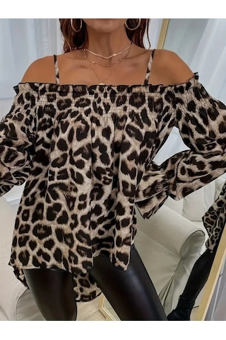 Kadın Ip Askılı Omuzlardan Açık Leopar Desenli Asimetrik Kesim Süprem Bluz Leopar