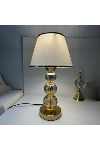 Mooncher Cam Gövdeli Gold Metal Abajur Altın Şeritli Krem Kumaş Başlık Gece Lambası Krem - Gold