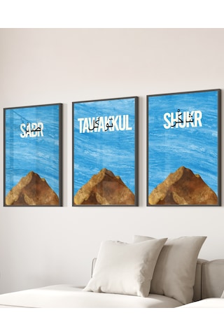 3'lü Çerçeveli Sabr, Shukr, Tawakkul Dekoratif Poster Tablo Siyah Çerçeveli