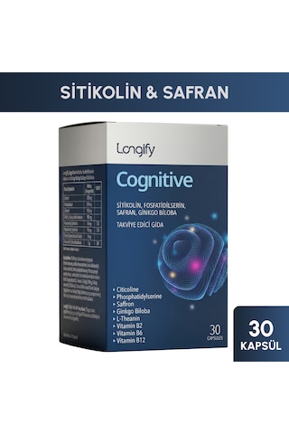 Longify Cognitive Sitikolin, Fosfatidilserin, Safran, Ginkgo Biloba, L-teanin, B2, B6 Ve B12 Takviye Edici Gıda 30 Kapsül